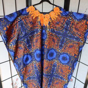 African Vibrant Blue and Orange Kaftan Bubu Gown NWOT 1 Size